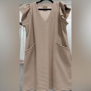 Brown and cream striped V-Neck Dress with ruffle sleeve